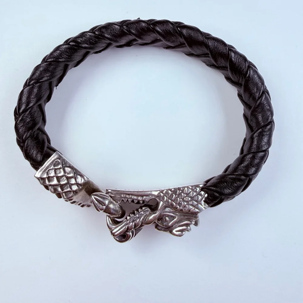 King Baby Large Dragon 925 Sterling Silver & Leather Braided Bracelet $985 - Picture 3 of 12